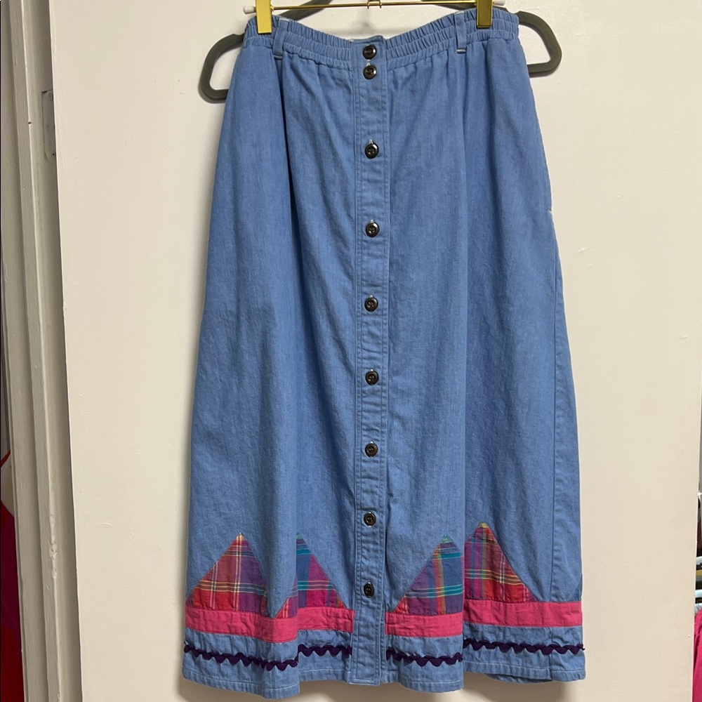 Napa Valley Vintage Denim Blue Midi Skirt Pink Plaid Patchwork Accents Buttons M